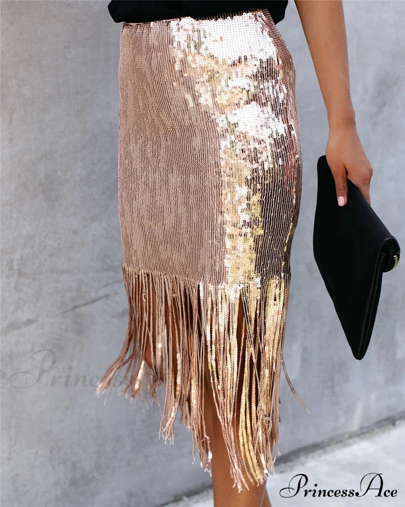 Sequin Tassel Tight Midi Skirt