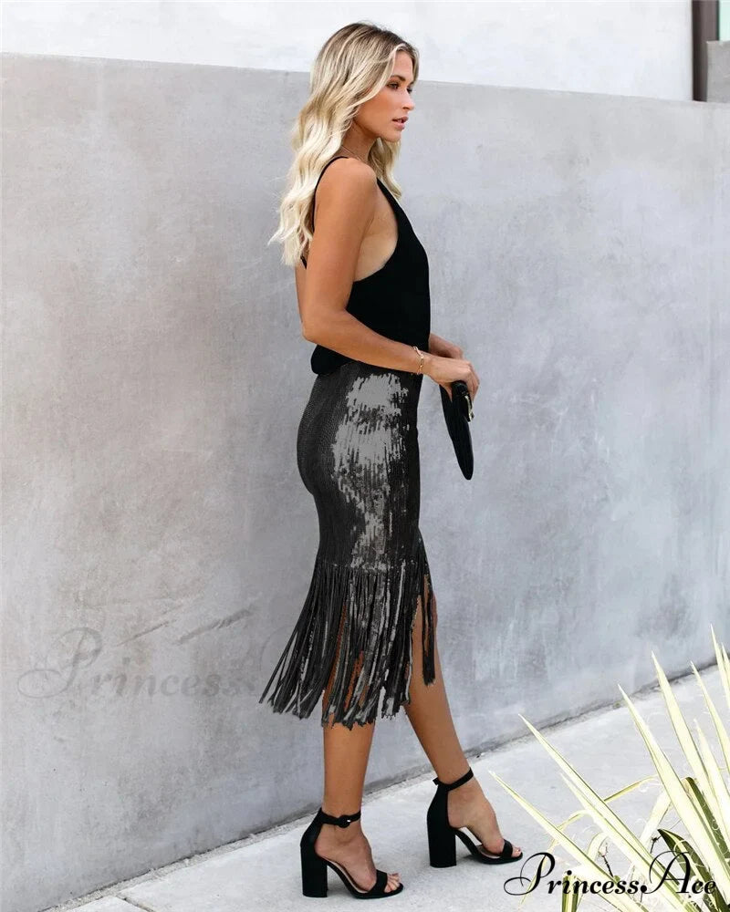 Sequin Tassel Tight Midi Skirt