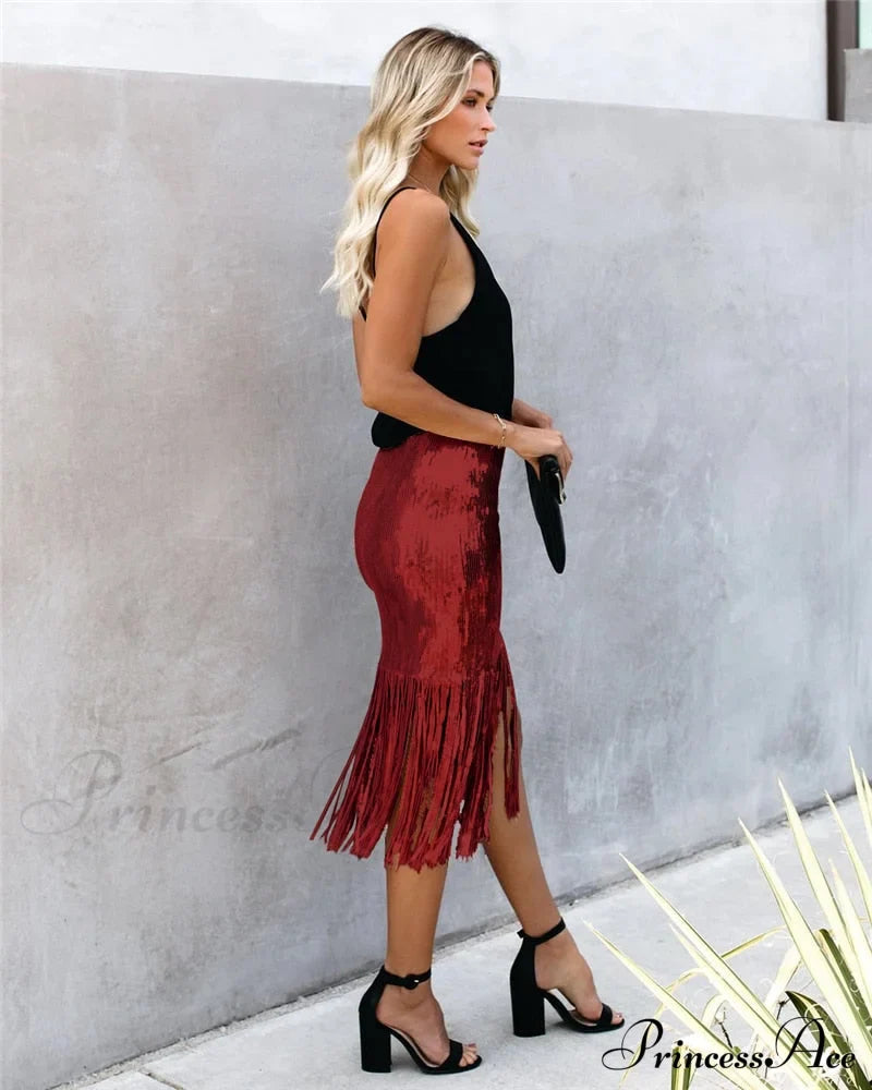 Sequin Tassel Tight Midi Skirt