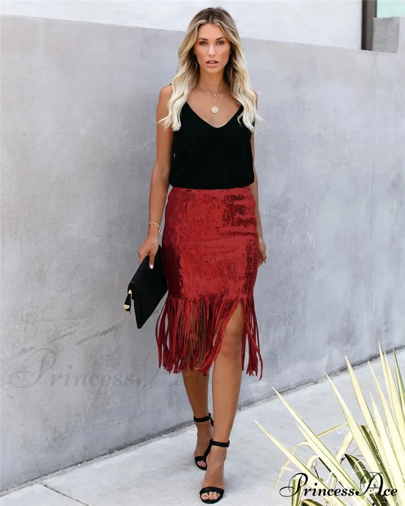 Sequin Tassel Tight Midi Skirt