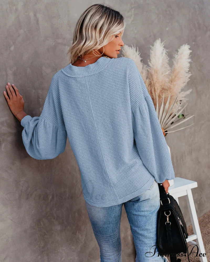 Autumn Knit V-Neck Long Lantern Sleeve Casual Sweater