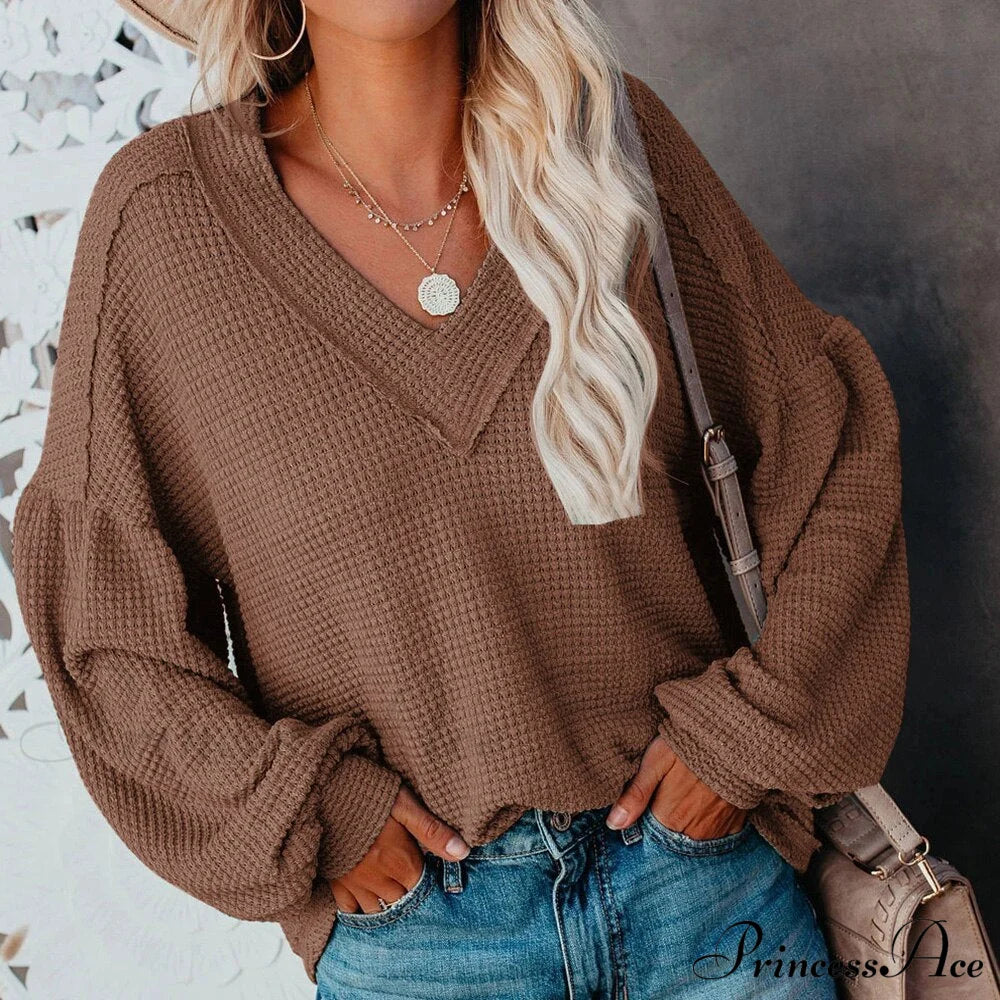 Autumn Knit V-Neck Long Lantern Sleeve Casual Sweater