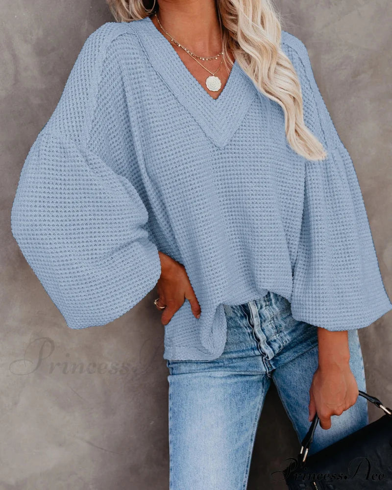 Autumn Knit V-Neck Long Lantern Sleeve Casual Sweater
