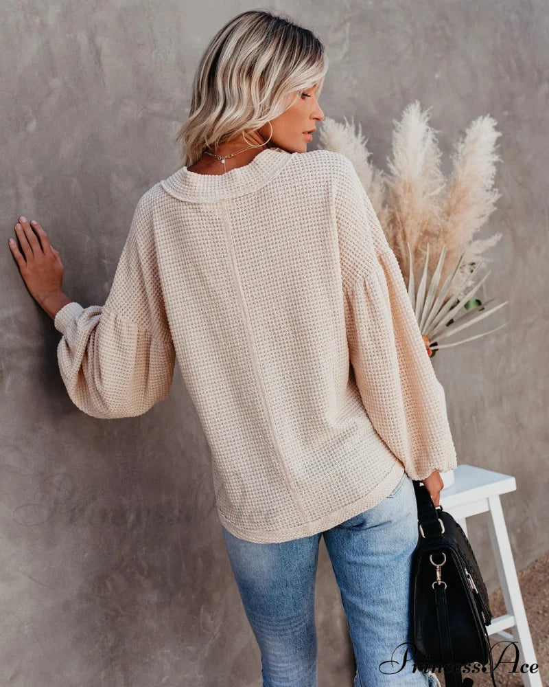 Autumn Knit V-Neck Long Lantern Sleeve Casual Sweater