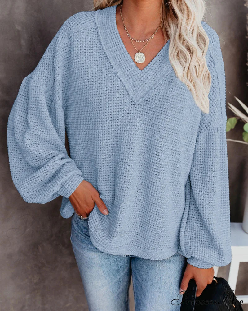 Autumn Knit V-Neck Long Lantern Sleeve Casual Sweater