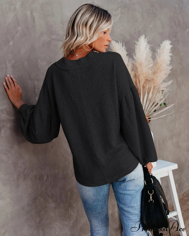 Autumn Knit V-Neck Long Lantern Sleeve Casual Sweater