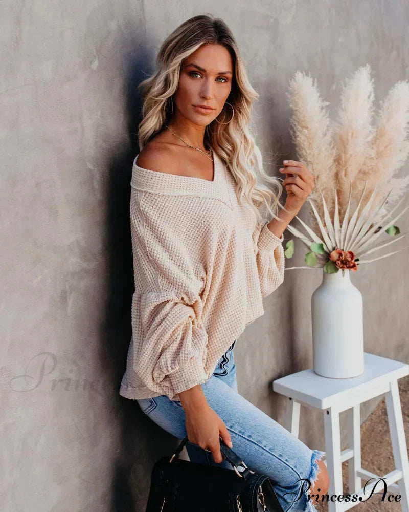 Autumn Knit V-Neck Long Lantern Sleeve Casual Sweater