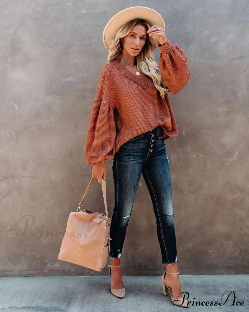 Autumn Knit V-Neck Long Lantern Sleeve Casual Sweater