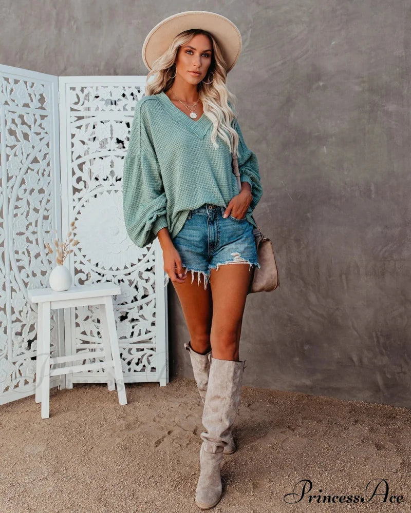 Autumn Knit V-Neck Long Lantern Sleeve Casual Sweater