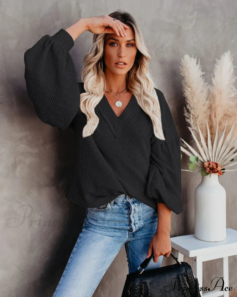 Autumn Knit V-Neck Long Lantern Sleeve Casual Sweater