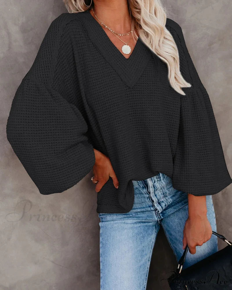 Autumn Knit V-Neck Long Lantern Sleeve Casual Sweater