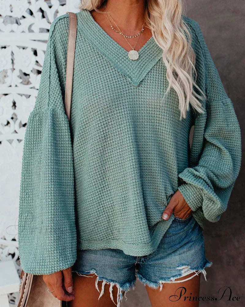 Autumn Knit V-Neck Long Lantern Sleeve Casual Sweater