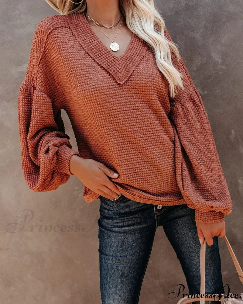 Autumn Knit V-Neck Long Lantern Sleeve Casual Sweater