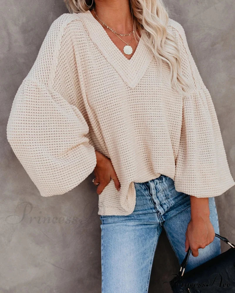 Autumn Knit V-Neck Long Lantern Sleeve Casual Sweater