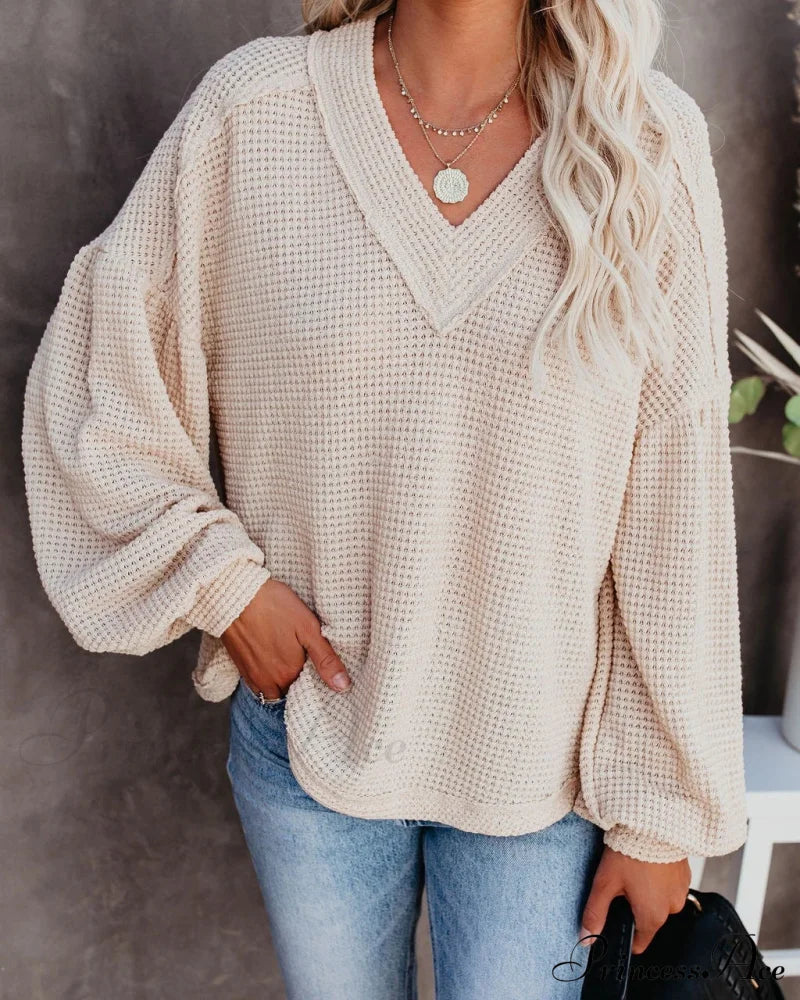 Autumn Knit V-Neck Long Lantern Sleeve Casual Sweater