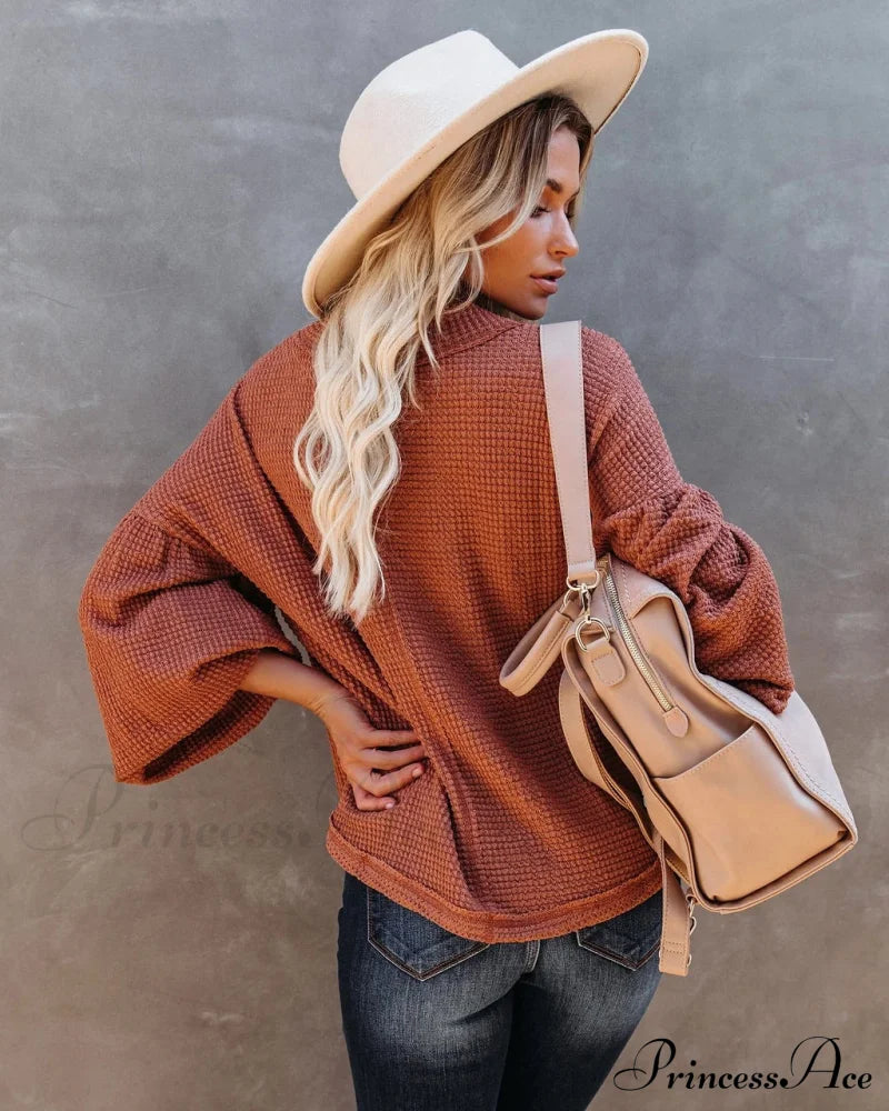 Autumn Knit V-Neck Long Lantern Sleeve Casual Sweater