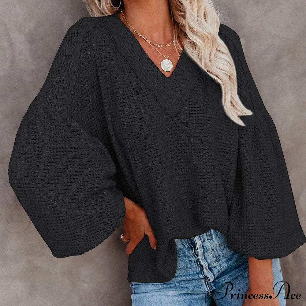 Autumn Knit V-Neck Long Lantern Sleeve Casual Sweater