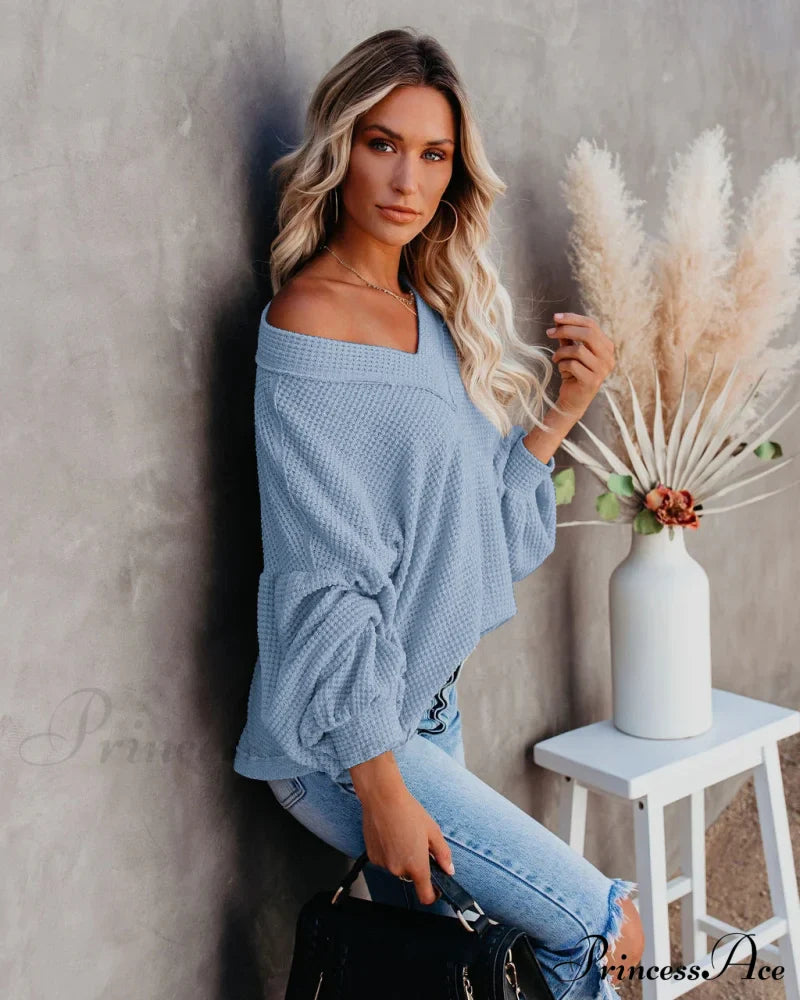 Autumn Knit V-Neck Long Lantern Sleeve Casual Sweater