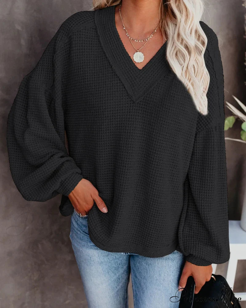Autumn Knit V-Neck Long Lantern Sleeve Casual Sweater