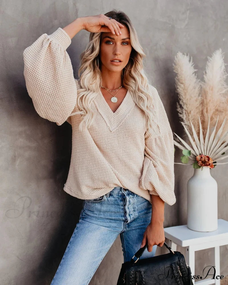 Autumn Knit V-Neck Long Lantern Sleeve Casual Sweater