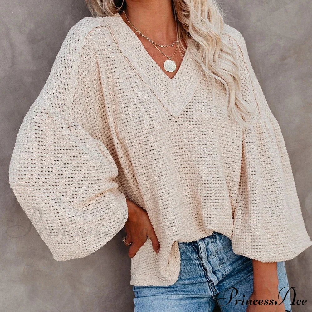 Autumn Knit V-Neck Long Lantern Sleeve Casual Sweater