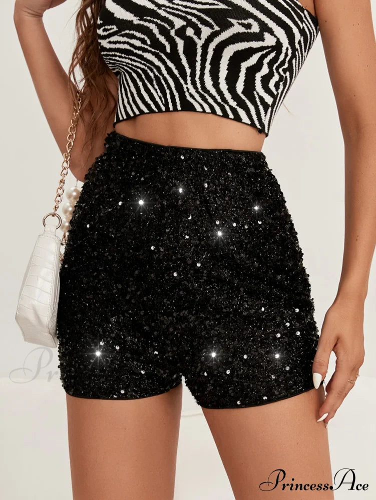 Bling Metallic High Waist Wine Red Skinny Shorts