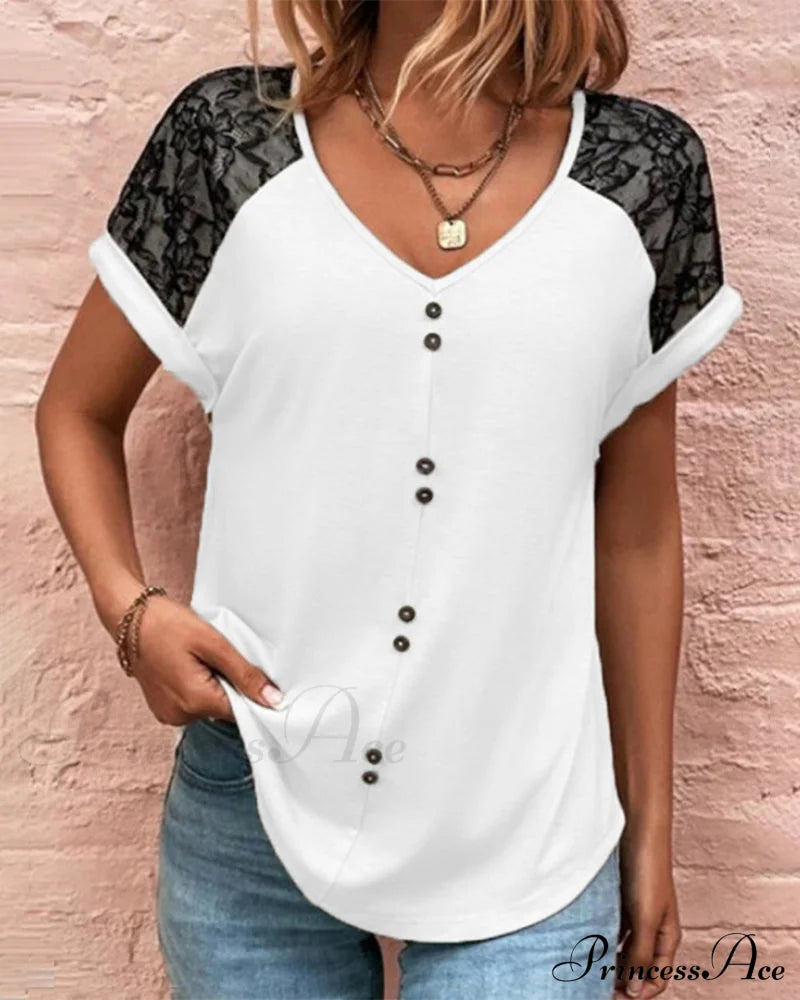 Block Color V-neck Lace Tee