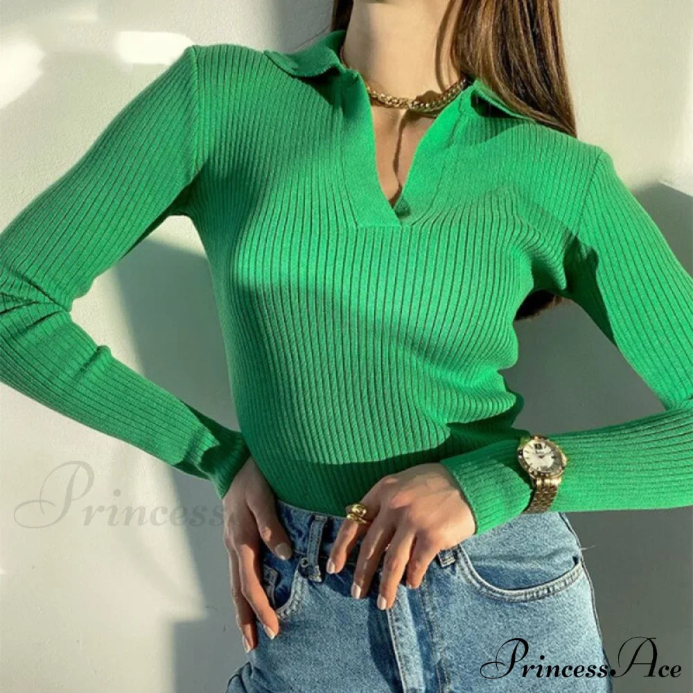 Casual Knitted V Neck Long Sleeve Slim Fit Sweater