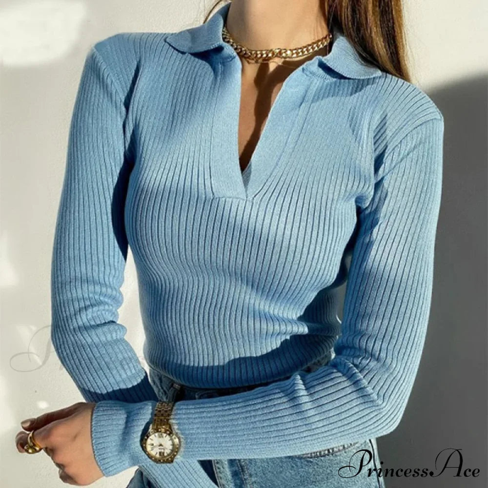 Casual Knitted V Neck Long Sleeve Slim Fit Sweater