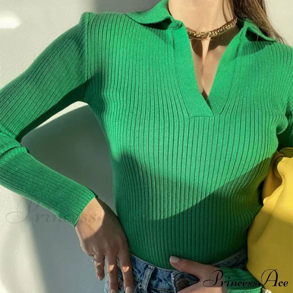 Casual Knitted V Neck Long Sleeve Slim Fit Sweater