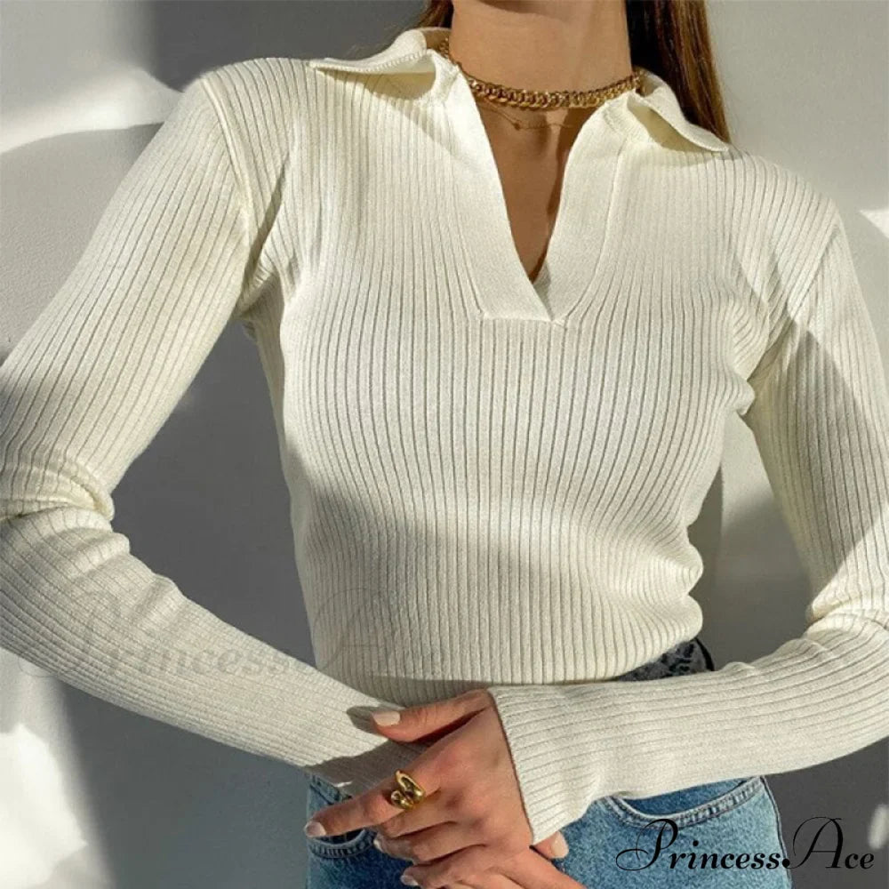 Casual Knitted V Neck Long Sleeve Slim Fit Sweater