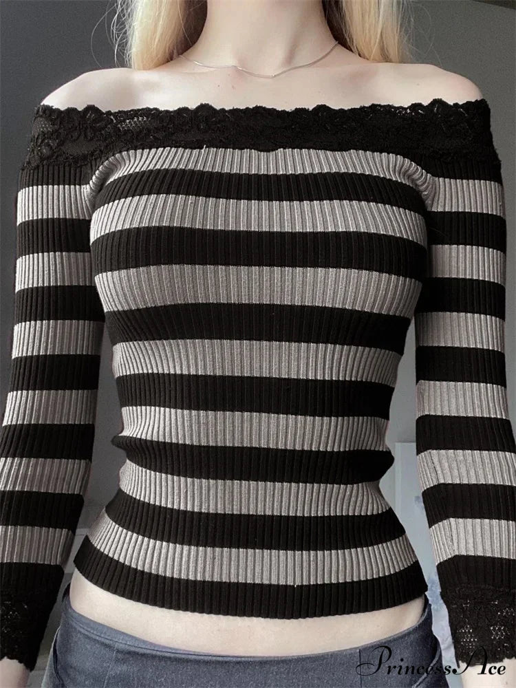 Casual Long Sleeve Retro Striped Off-Shoulder Knit Top