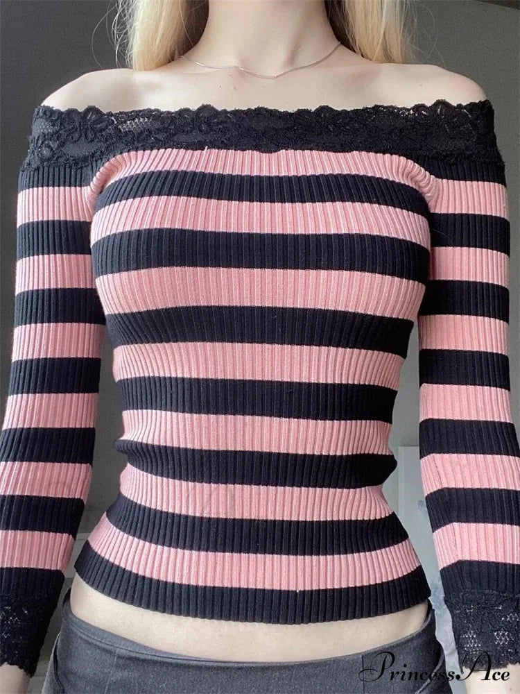 Casual Long Sleeve Retro Striped Off-Shoulder Knit Top