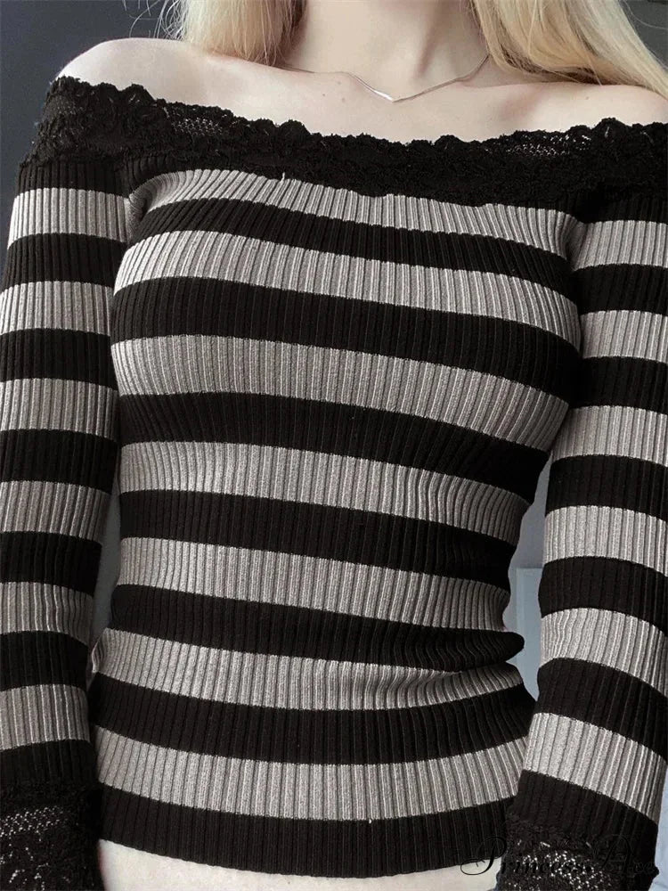 Casual Long Sleeve Retro Striped Off-Shoulder Knit Top
