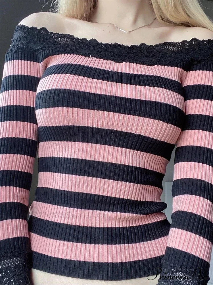 Casual Long Sleeve Retro Striped Off-Shoulder Knit Top
