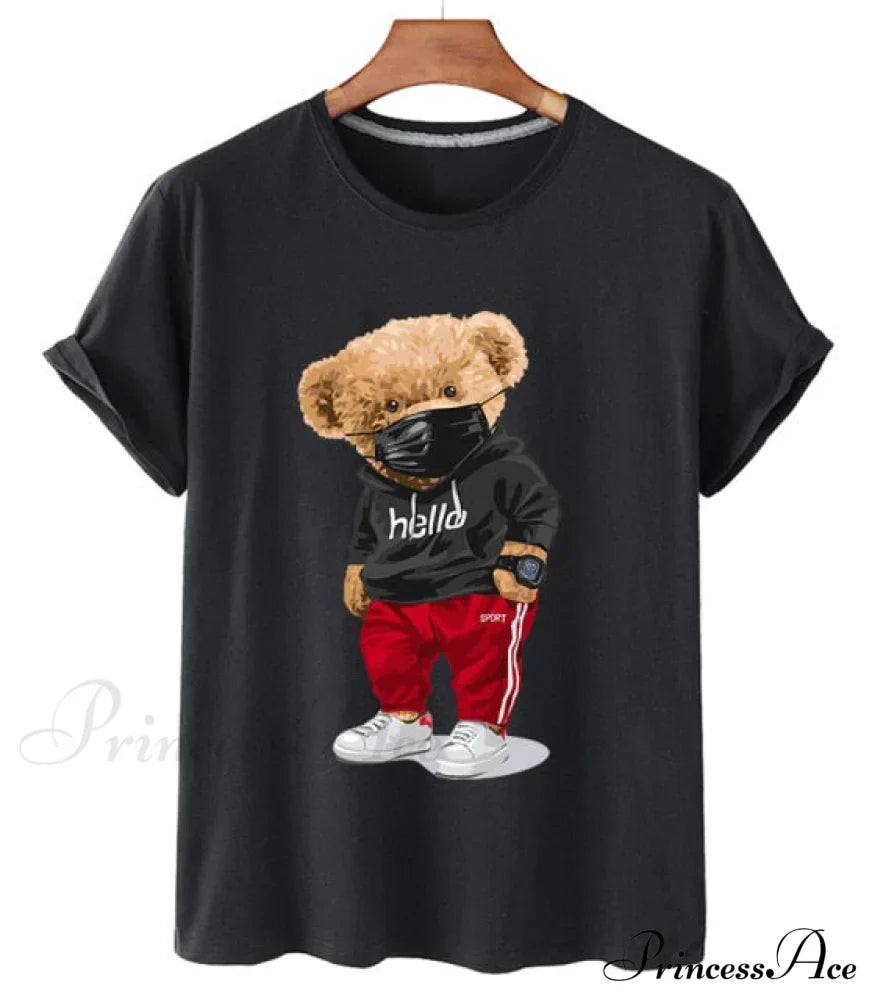 Cotton Sports Mask Bear Print Short-sleeved T-shirt