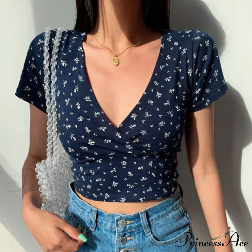 French Retro Floral V-neck Short-sleeved T-shirt