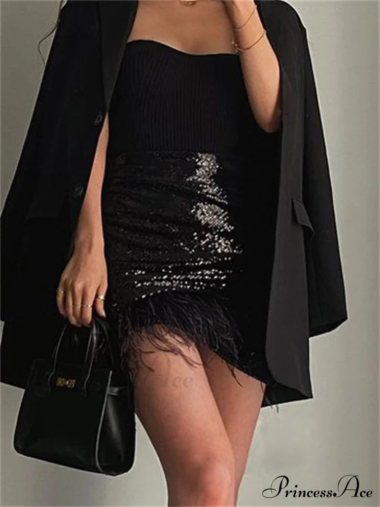 Glitter Women Sequin Feather Tassel Mini Skirt