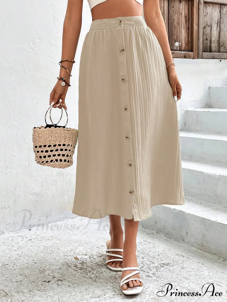 High Waist Button Detail Plisse A-line Skirt