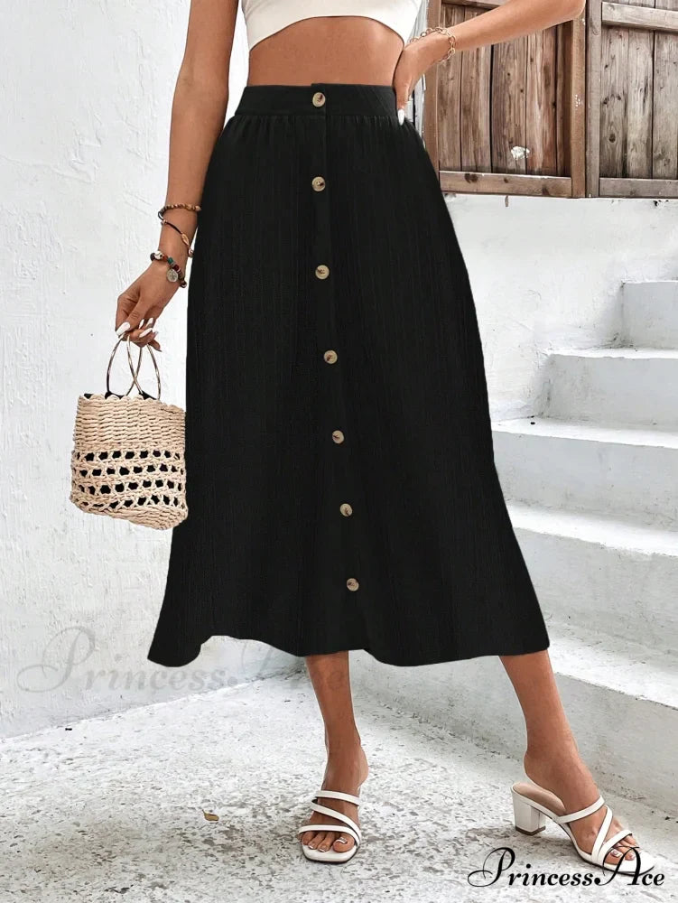 High Waist Button Detail Plisse A-line Skirt