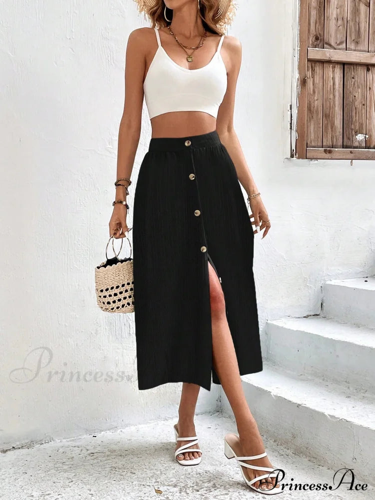 High Waist Button Detail Plisse A-line Skirt