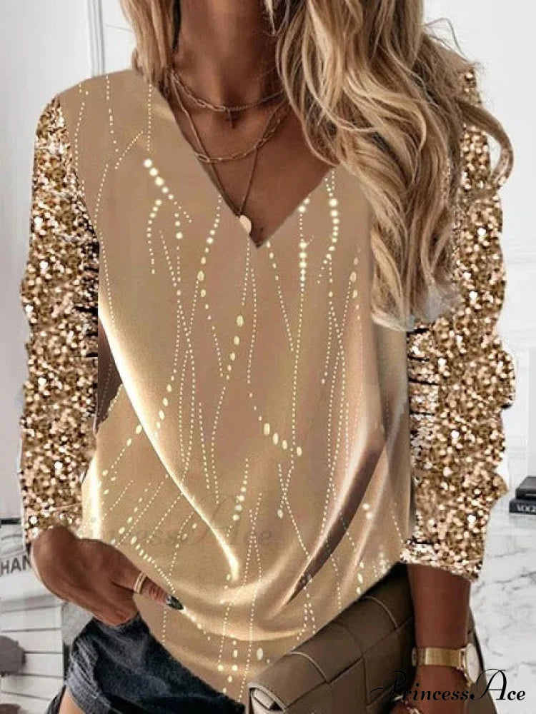 V-neck Sequined Long Sleeve Pullover