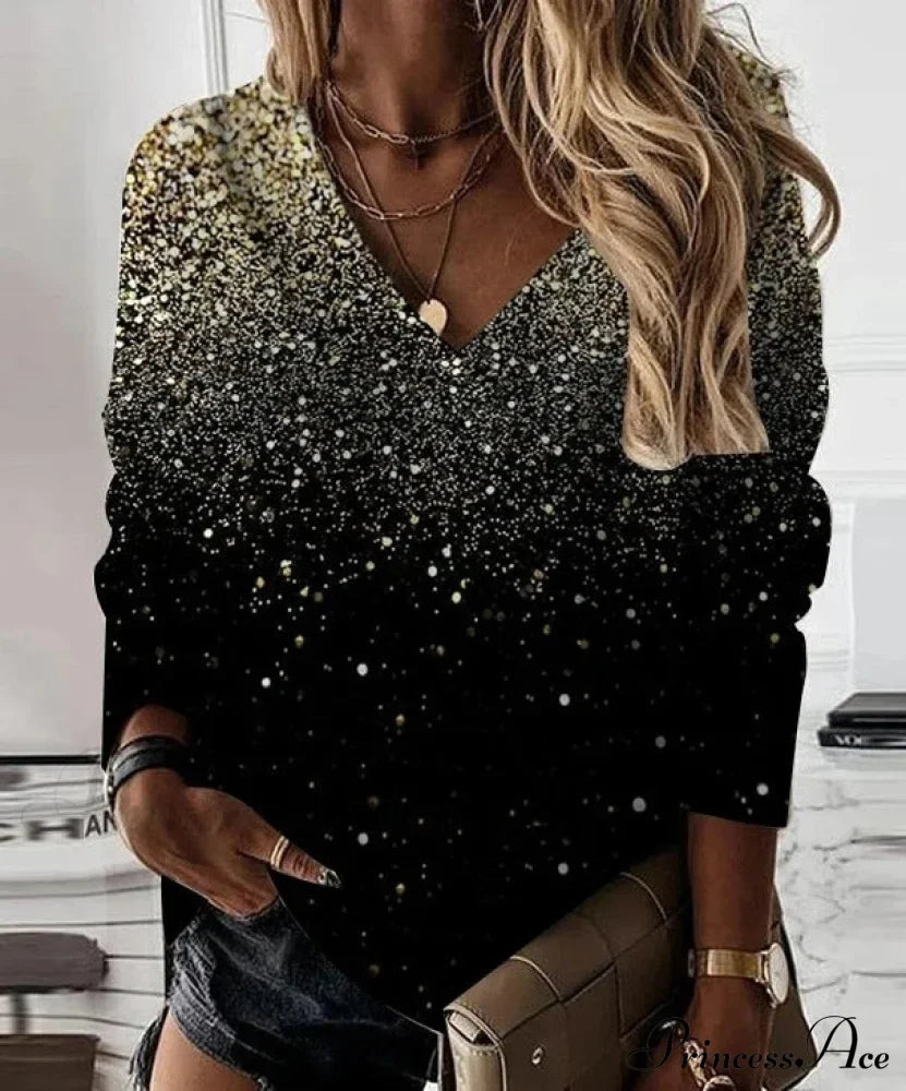 V-neck Sequined Long Sleeve Pullover