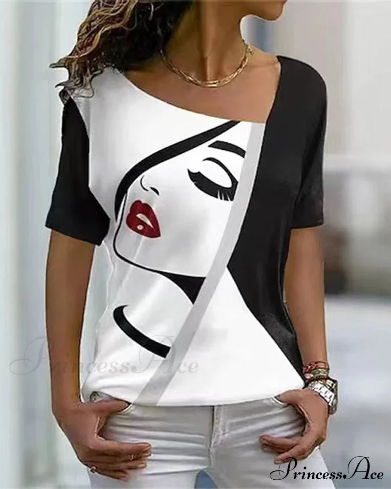 print V-neck face tee