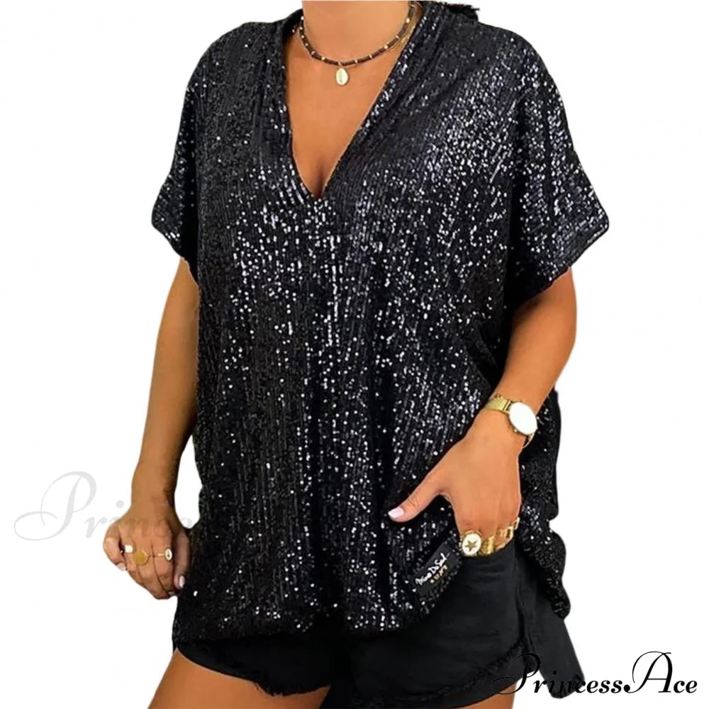 Retro Printed 3D Cutting  Loose Shiny Sequins Blouse