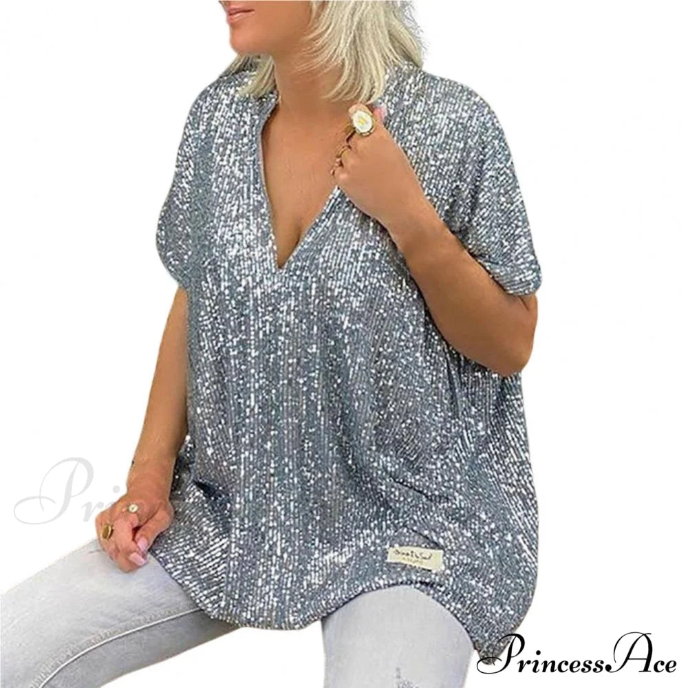 Retro Printed 3D Cutting  Loose Shiny Sequins Blouse