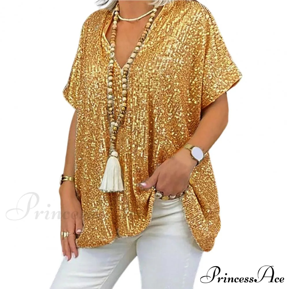 Retro Printed 3D Cutting  Loose Shiny Sequins Blouse