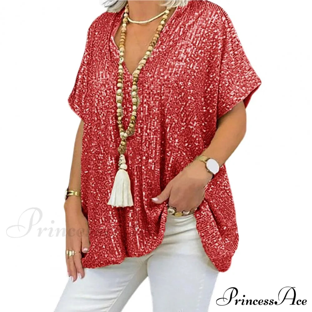 Retro Printed 3D Cutting  Loose Shiny Sequins Blouse
