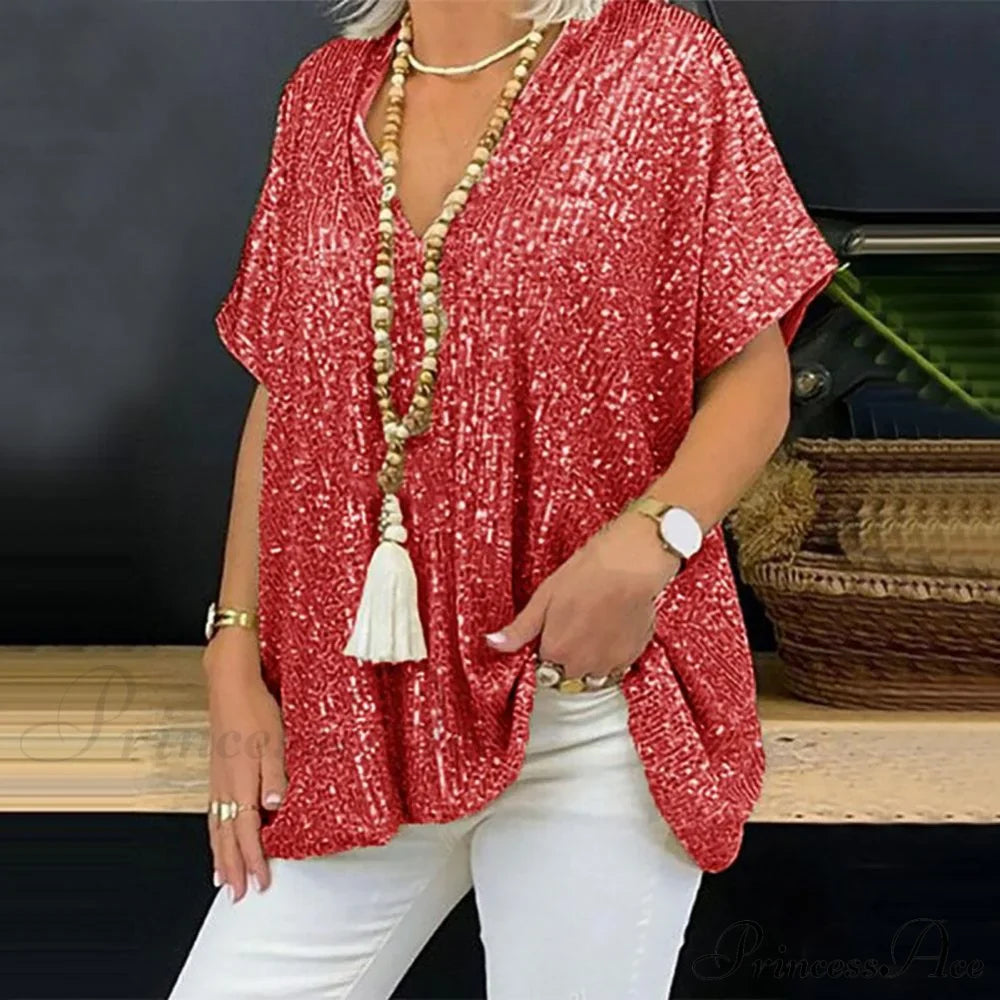 Retro Printed 3D Cutting  Loose Shiny Sequins Blouse