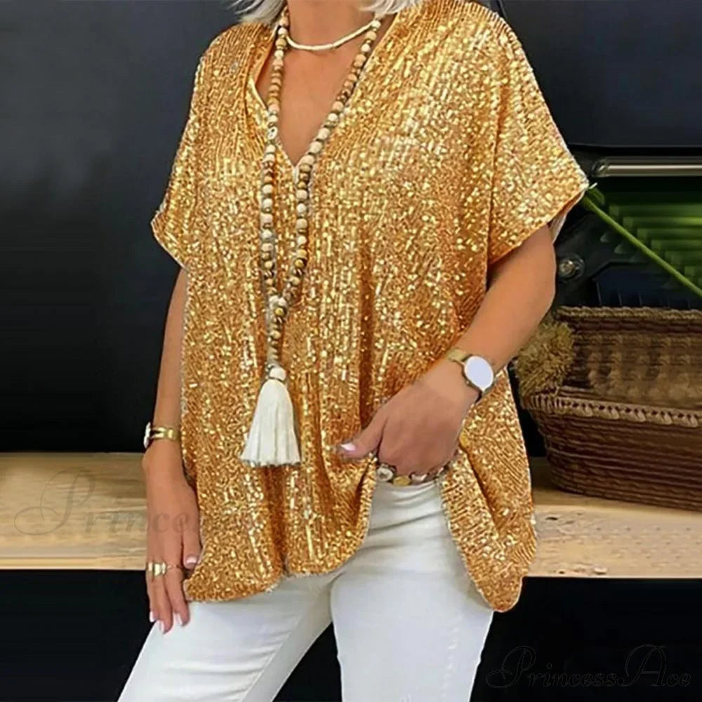 Retro Printed 3D Cutting  Loose Shiny Sequins Blouse